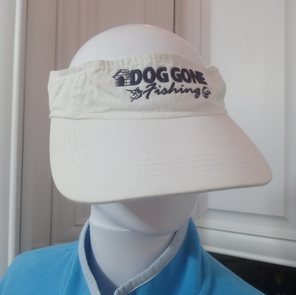 Anvil Embroidered "Dog Gone Fishing"  White adjustable Sun visor OS